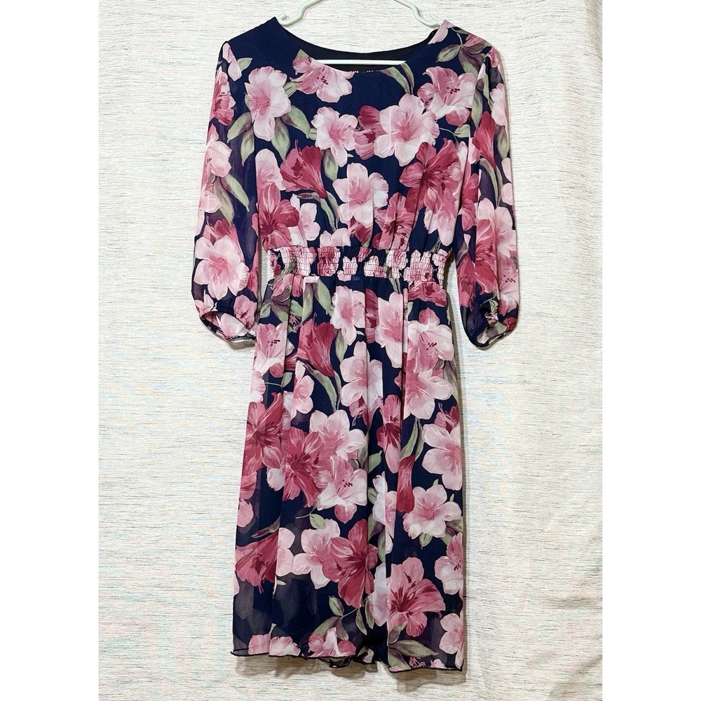 Kate & Lily Blue Pink Floral Smocked‎ Waist Midi Dress Sheer Long Sleeves Size 8